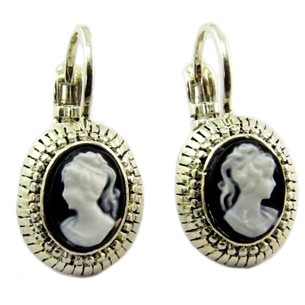 Dormeuses artisanales \'Divine Camée\' noir argenté - 12x10 mm - [P9351]
