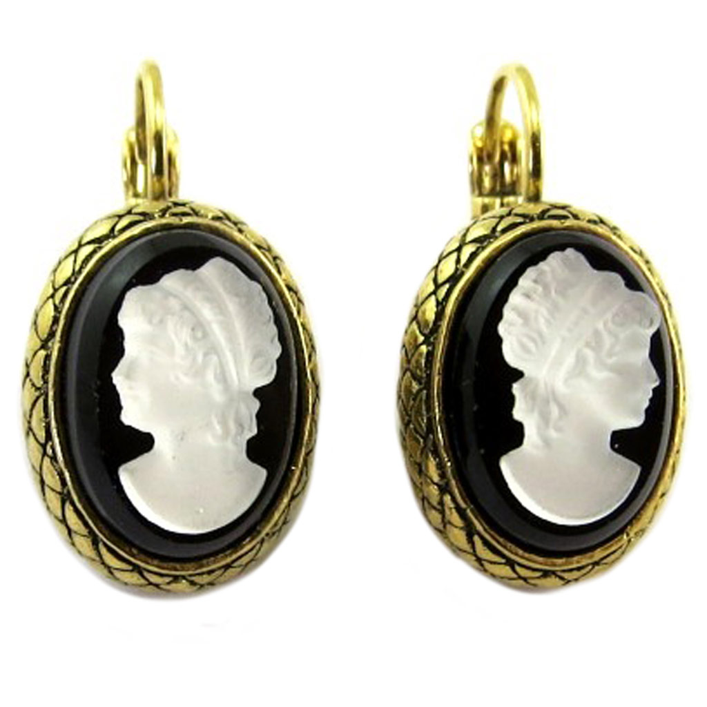 Dormeuses artisanales \'Divine Camée\' noir doré - 16x13 mm - [P9353]