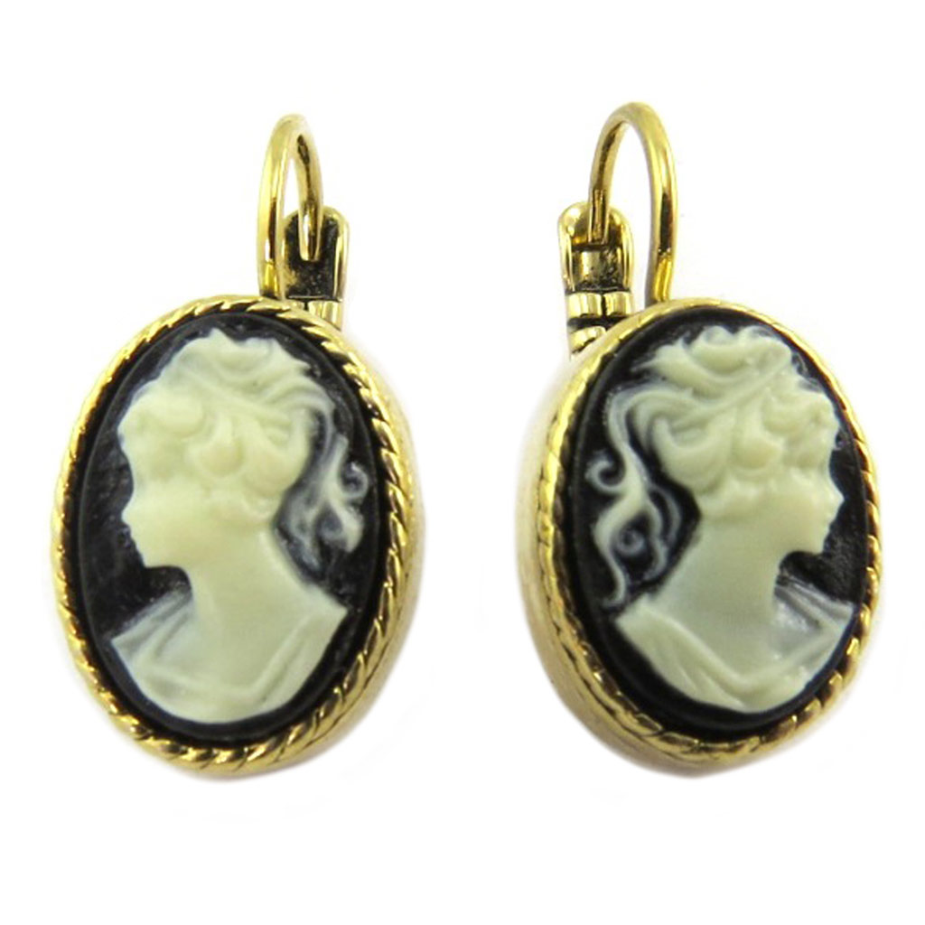 Dormeuses artisanales \'Divine Camée\' noir blanc doré - 15x11 mm - [P9379]
