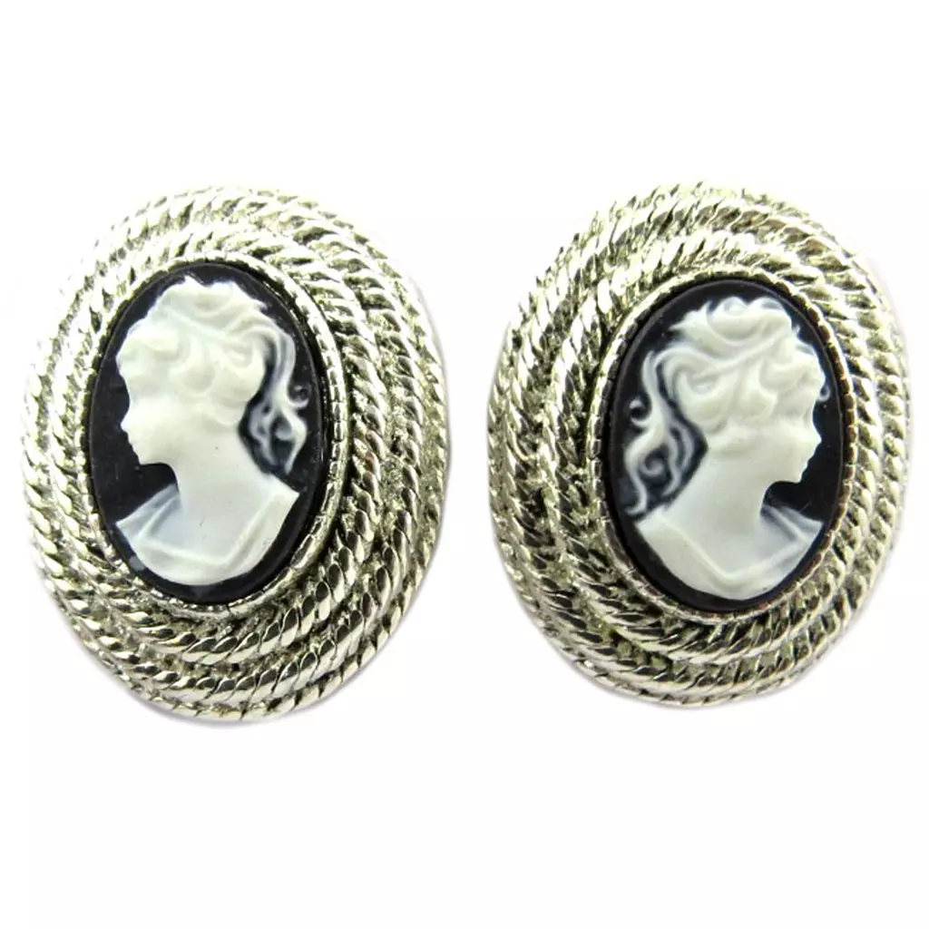 les trésors de lily Clips d'oreilles artisanales 'Divine Camee' noir argenté 25x20 mm [P9383]