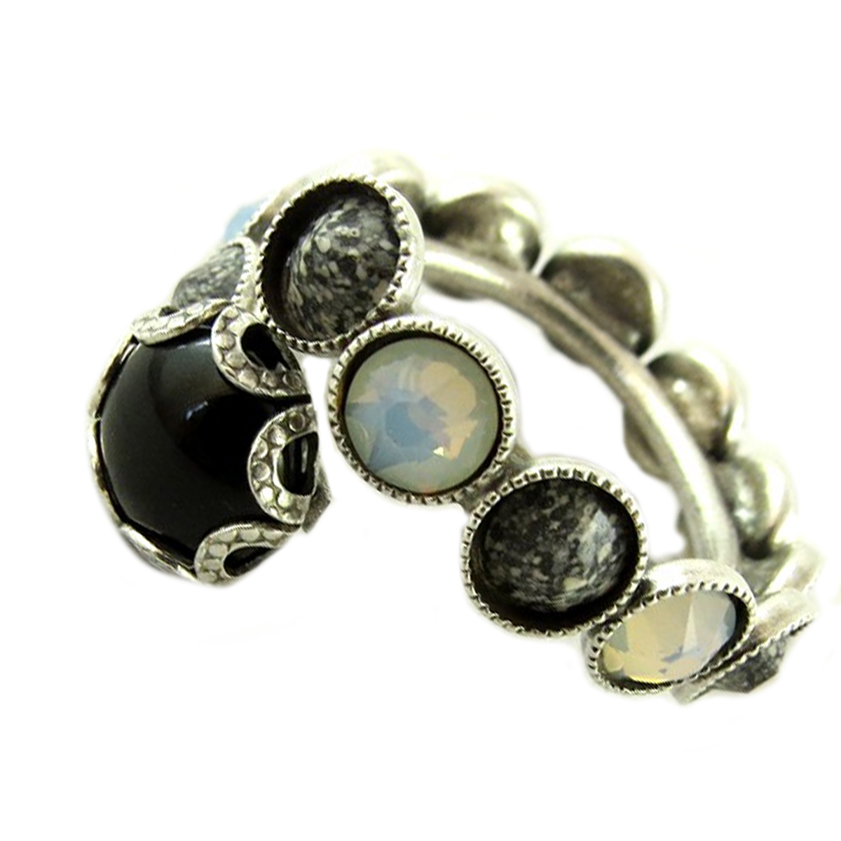Bague artisanale \'Mythique Syracuse\' noir blanc argenté - [P9720]