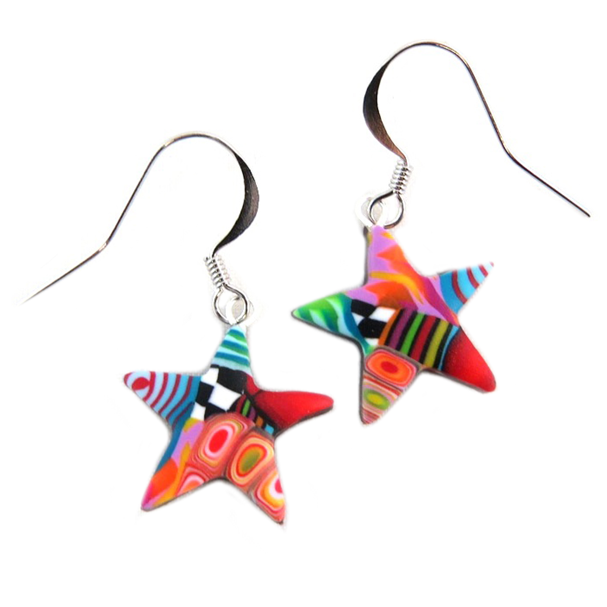 Boucles d\'oreilles artisanales \'Colombine & Arlequin\' multicolore (étoile) - 17x17 mm - [P9816]