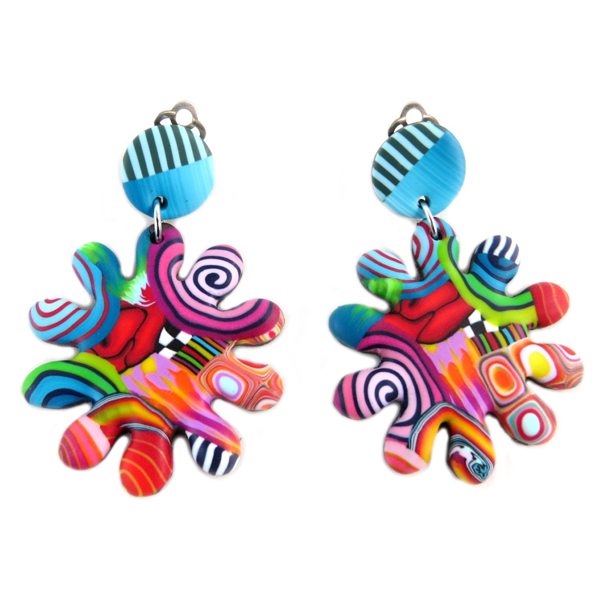 Boucles d\'oreilles clips artisanales \'Colombine & Arlequin\' multicolore - 40x40 mm - [P9820]