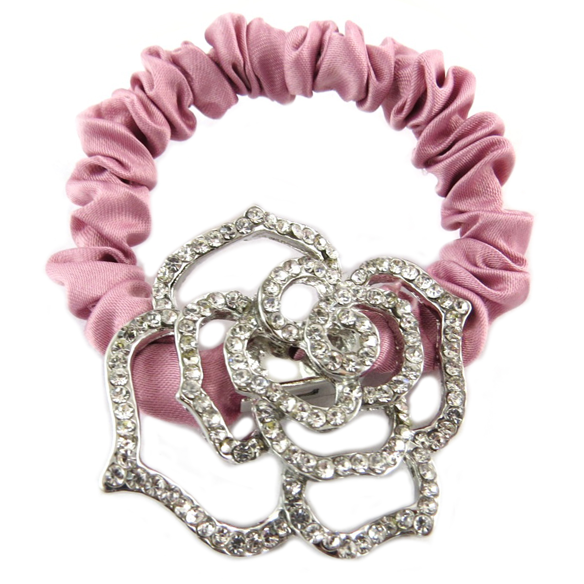 Chouchou créateur \'Sissi\' rose argenté (satin) - largeur 1 cm, fleur 45x4 cm - [Q0109]