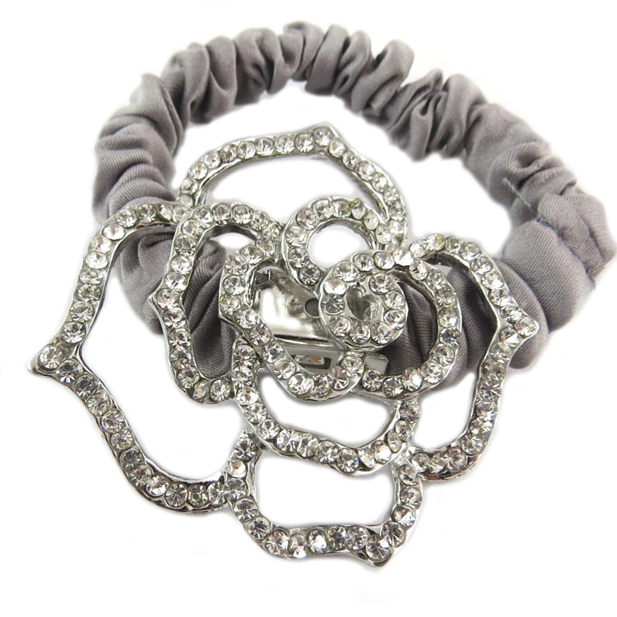 Chouchou créateur \'Sissi\' gris argenté (satin) - largeur 1 cm, fleur 45x4 cm - [Q0111]