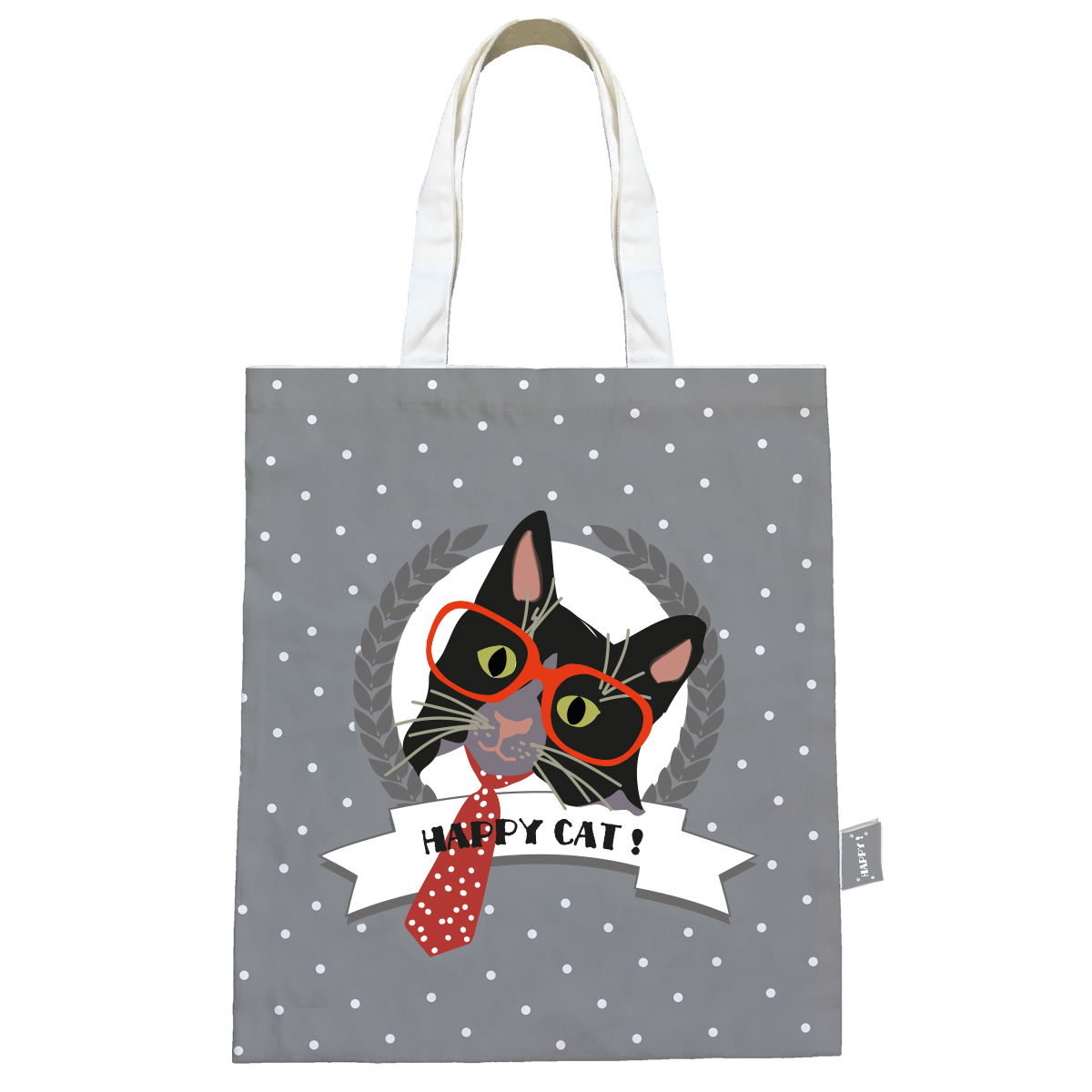 Sac coton / tote bag \'Happy Cat\' gris (cravate) - 44x38 cm - [Q0593]
