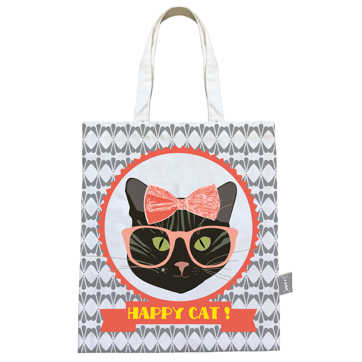 Sac coton / tote bag \'Happy Cat\' gris (lunettes) - 44x38 cm - [Q0594]