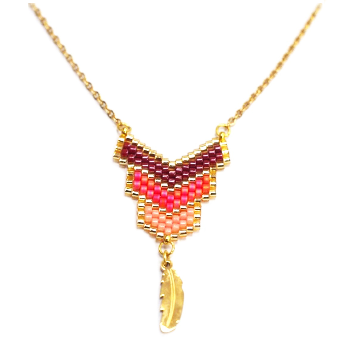 Collier créateur acier \'Boho\' bordeaux corail doré - 40x21 mm - [Q0928]