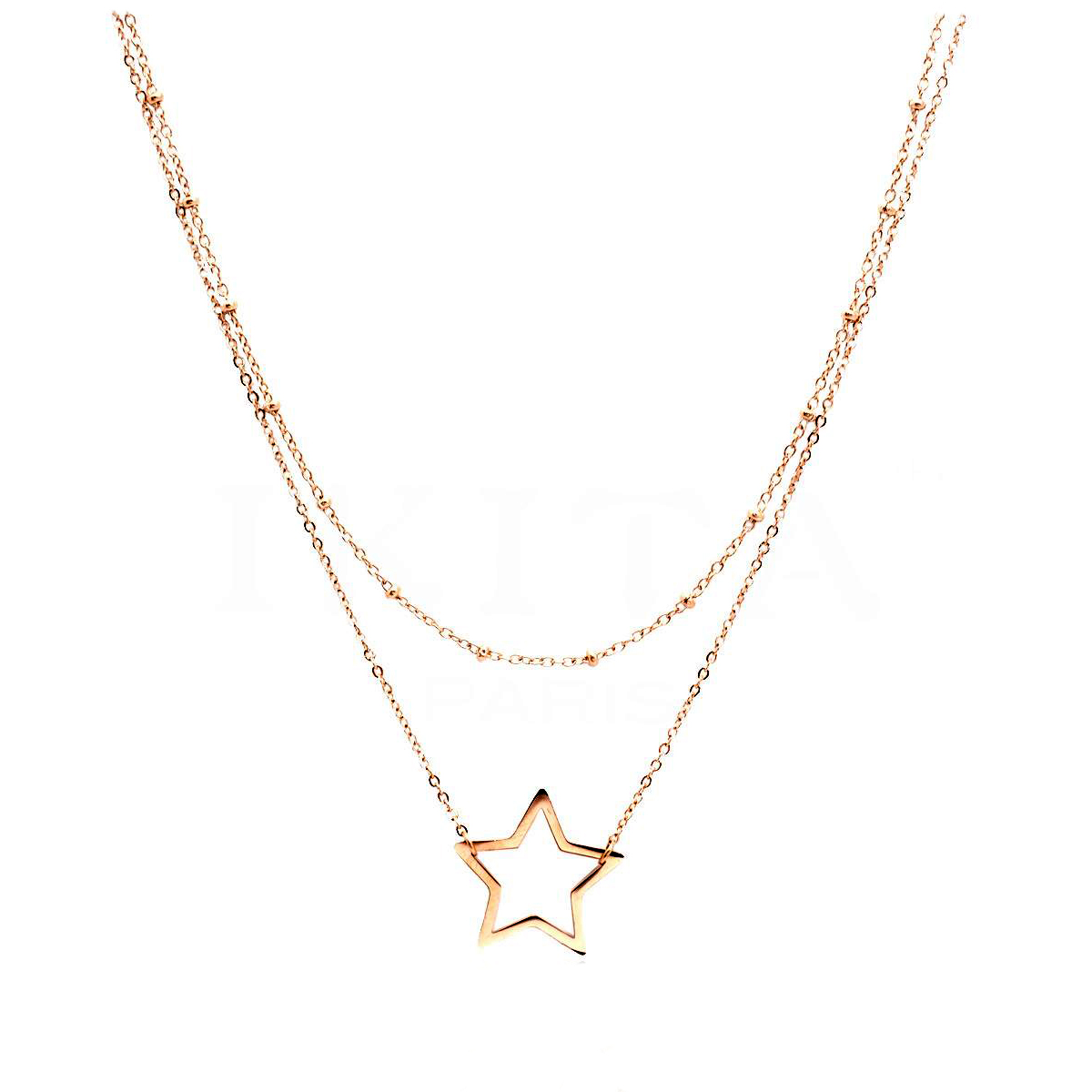 Collier créateur acier \'Une Etoile est Née\' doré rosé (2 rangs) - étoile 18 mm - [Q0937]