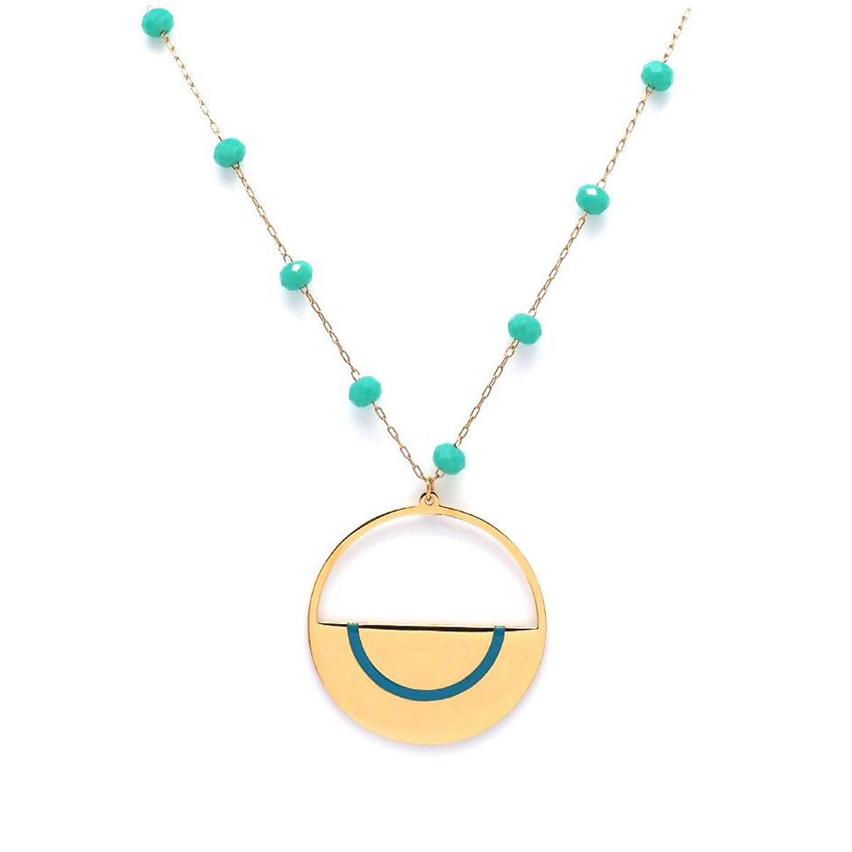 Collier créateur acier \'Boho\' turquoise doré - 60 cm, 30 mm - [Q0963]