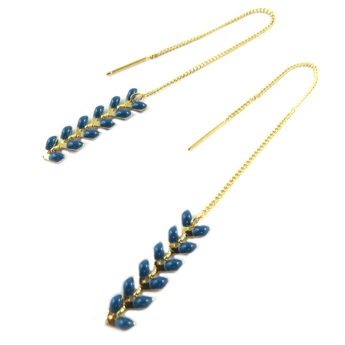 Boucles artisanales \'Boho\' bleu canard doré (épi de blé) - 25x6 mm - [Q0994]