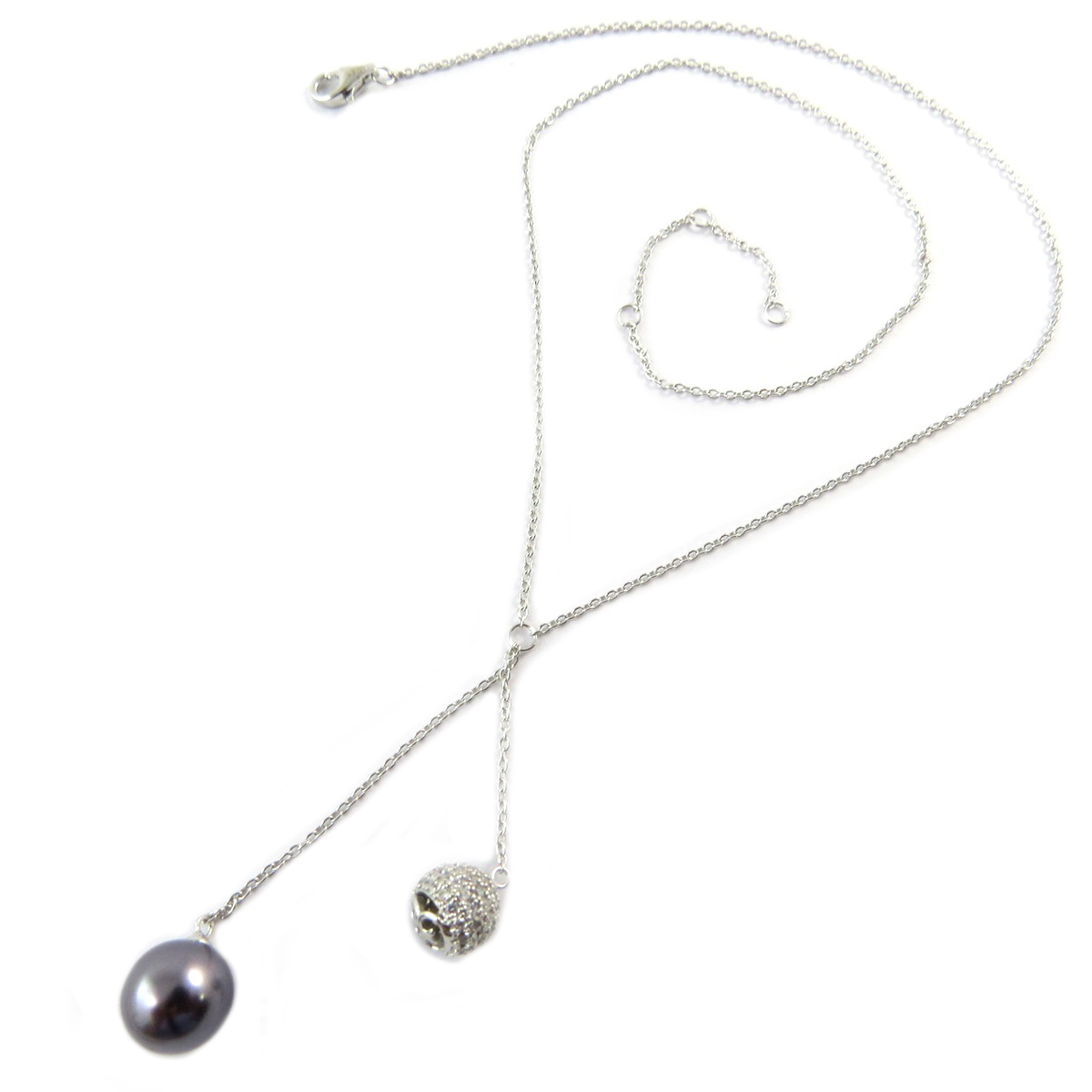 Collier argent \'Sissi\' gris blanc argenté - 42 cm, perles 9 et 7 mm - [Q1072]