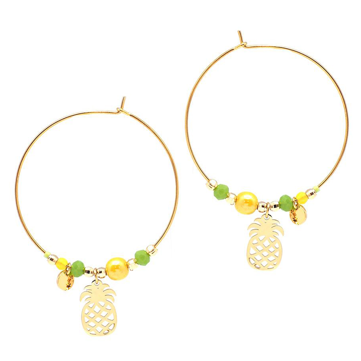 Créoles créateur acier \'Ananas\' vert doré - 40 mm, 15x9 mm - [Q1240]