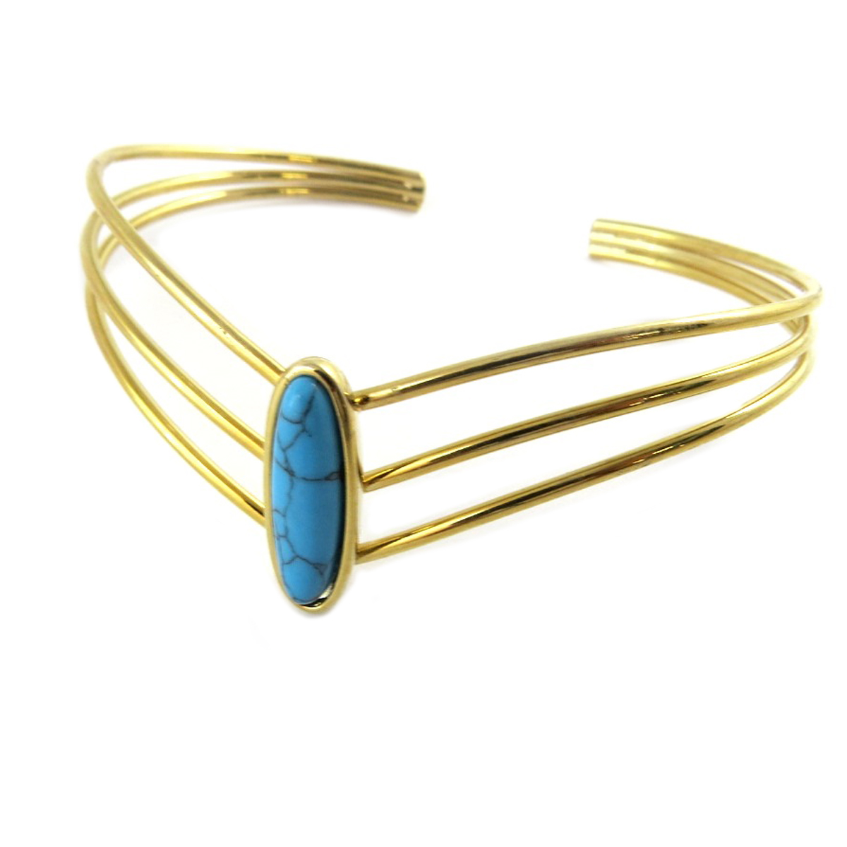 Bracelet artisanal \'Boho\' turquoise doré - 62x17 mm- ovale 20x7 mm - [Q1386]