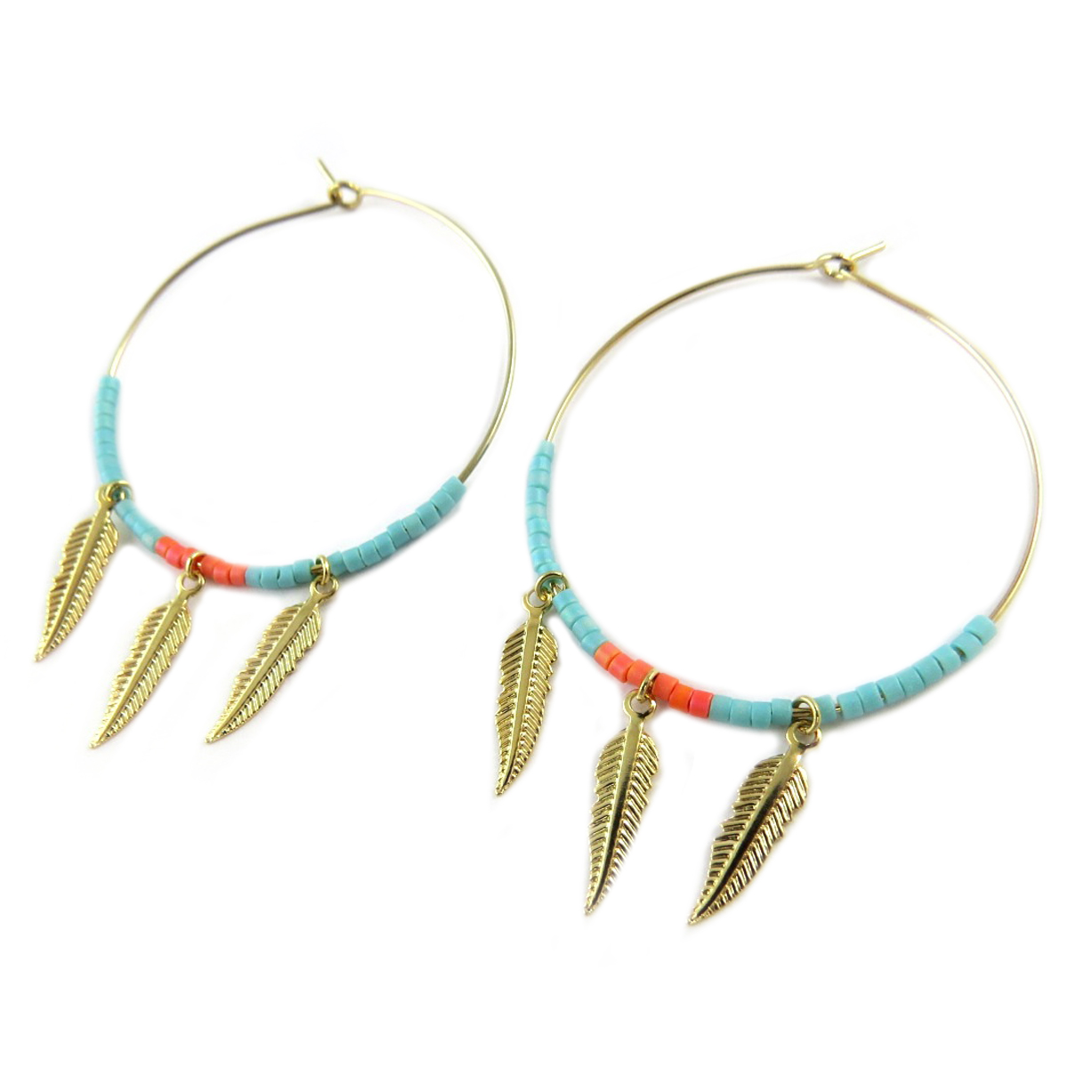 Créoles artisanales \'Boho\' turquoise orange doré (plumes) - 35 mm plumes 15x4 mm - [Q1434]
