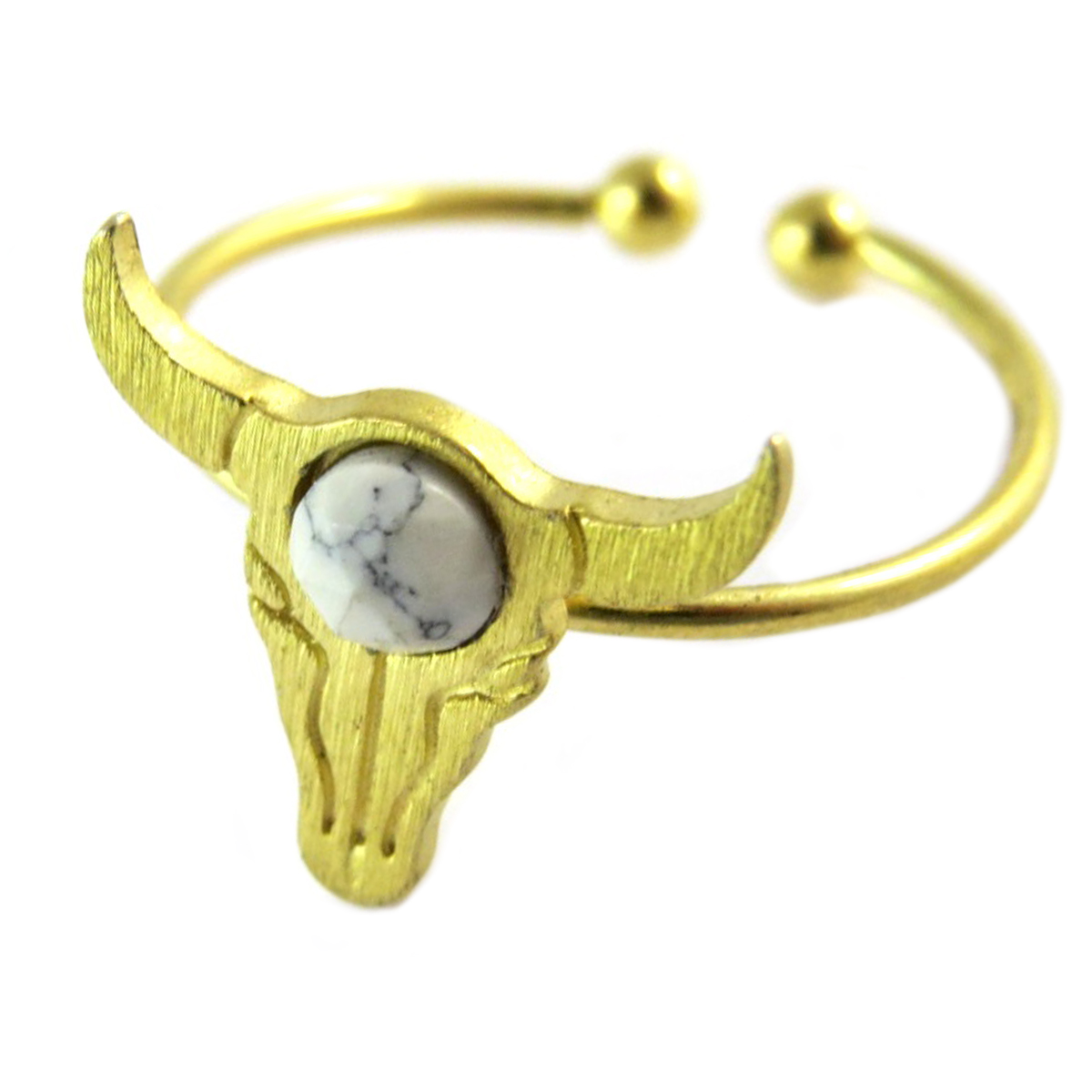 Bague artisanale \'Boho\' blanc doré (crâne de bison)- 14x13 mm - [Q1477]