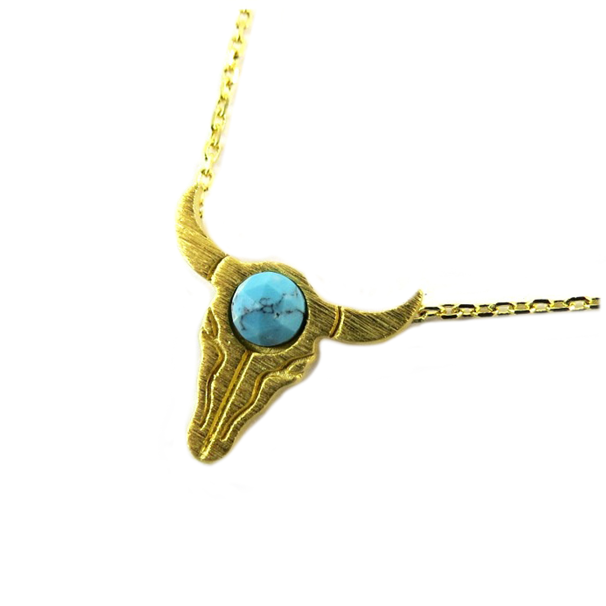 Collier artisanal \'Boho\' (crâne de bison) turquoise doré - 15x15 mm - [Q1513]