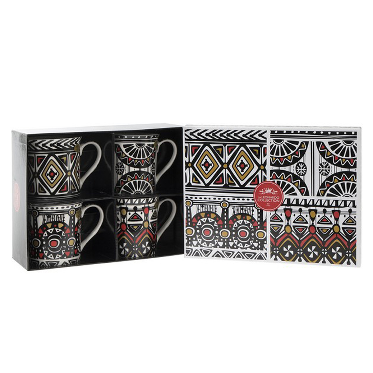 Coffret mugs porcelaine \'Tribal\' noir blanc (4 mugs) - 85x85 mm - [Q1578]
