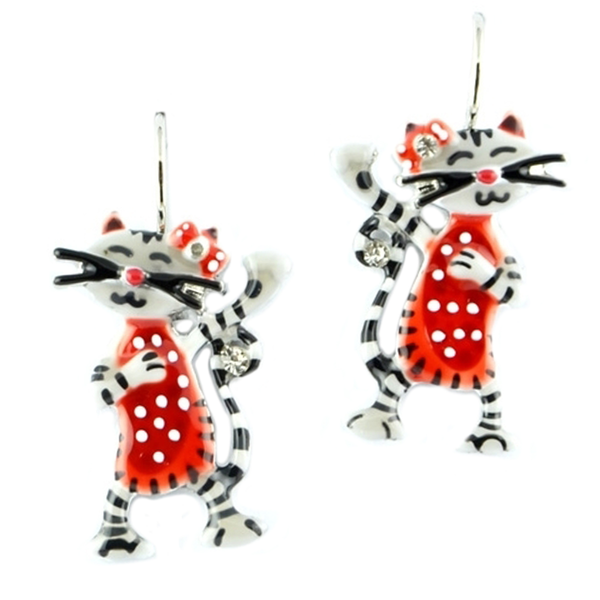 Dormeuses créateur \'Lilipoupettes\' (chat swing) rouge gris noir - 25x15 mm - [Q1589]