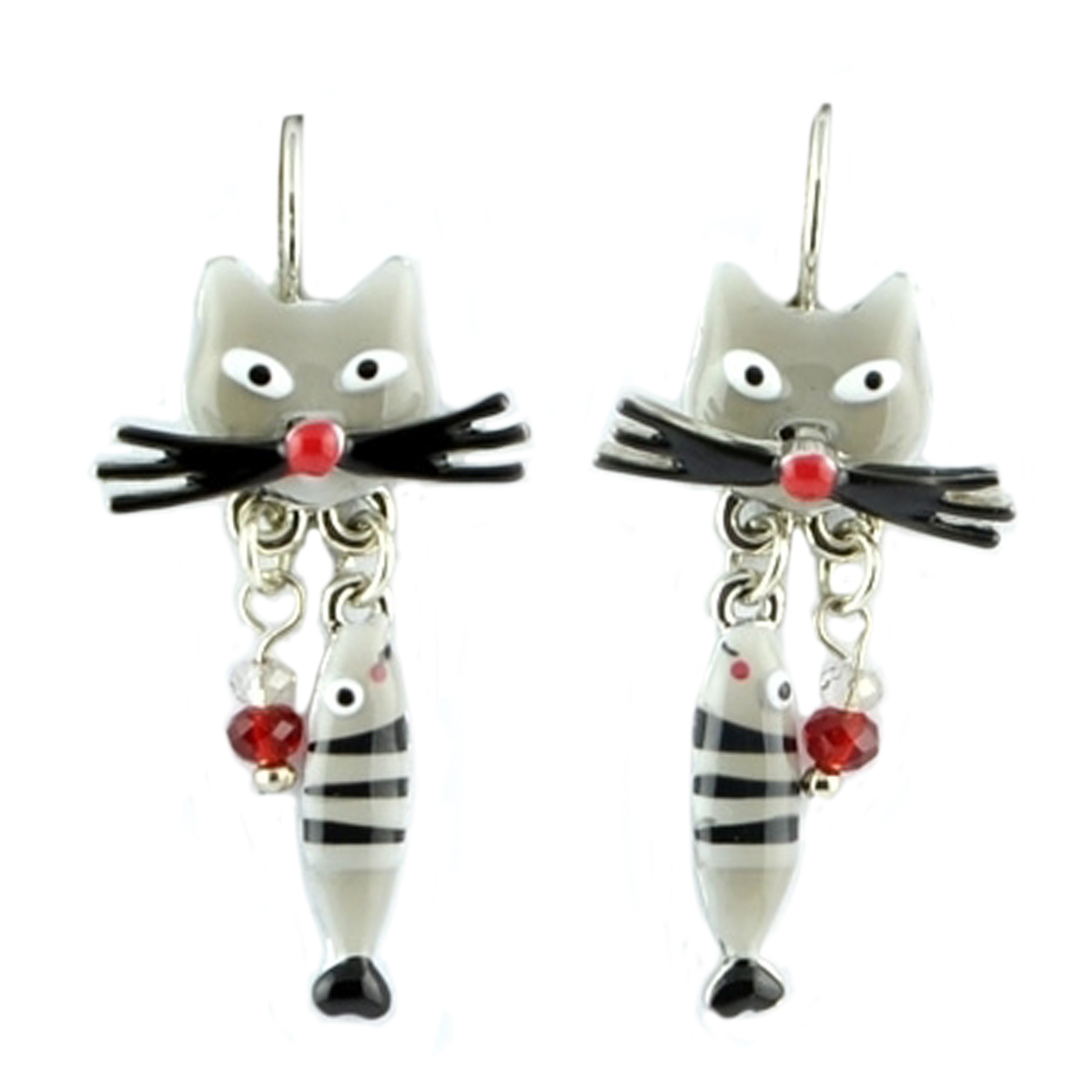 Dormeuses créateur \'Lilipoupettes\' (chat poisson) gris noir - 30x18 mm - [Q1609]