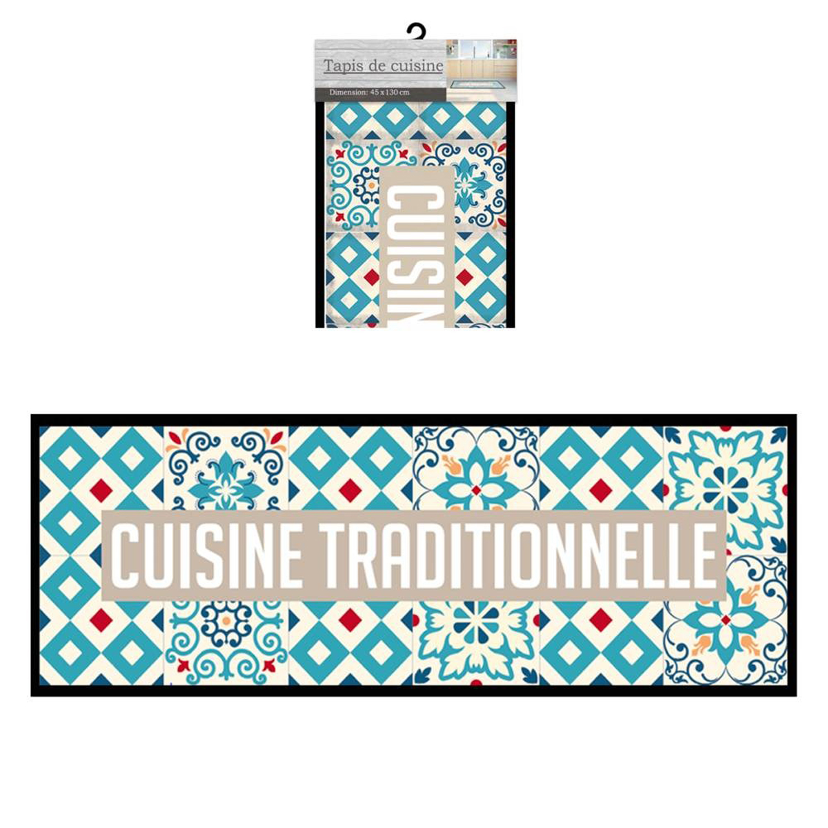 Tapis de cuisine \'Cuisine Traditionnelle\' turquoise - 130x45 cm - [Q2180]