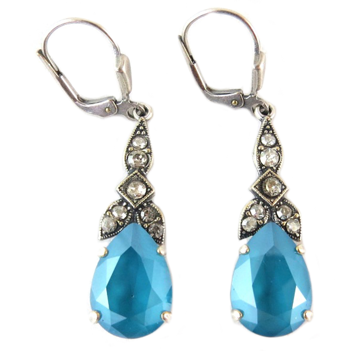 Dormeuses artisanales \'Tsarine\' turquoise argenté - 30x10 mm - [Q2252]