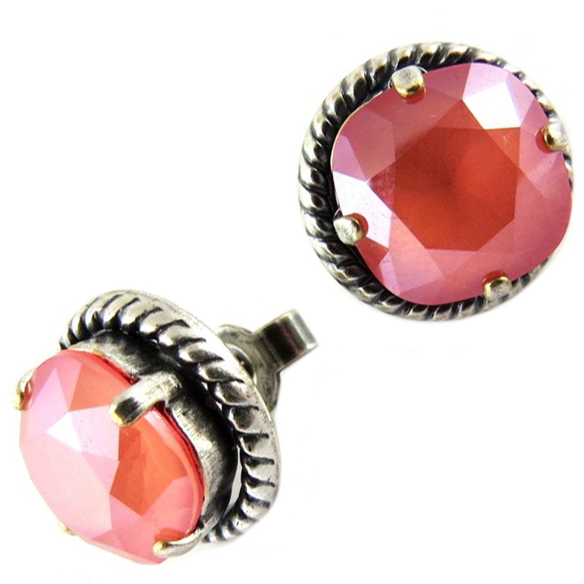 Boucles d\'oreilles artisanales \'Tsarine\' corail argenté - 12 mm - [Q2304]