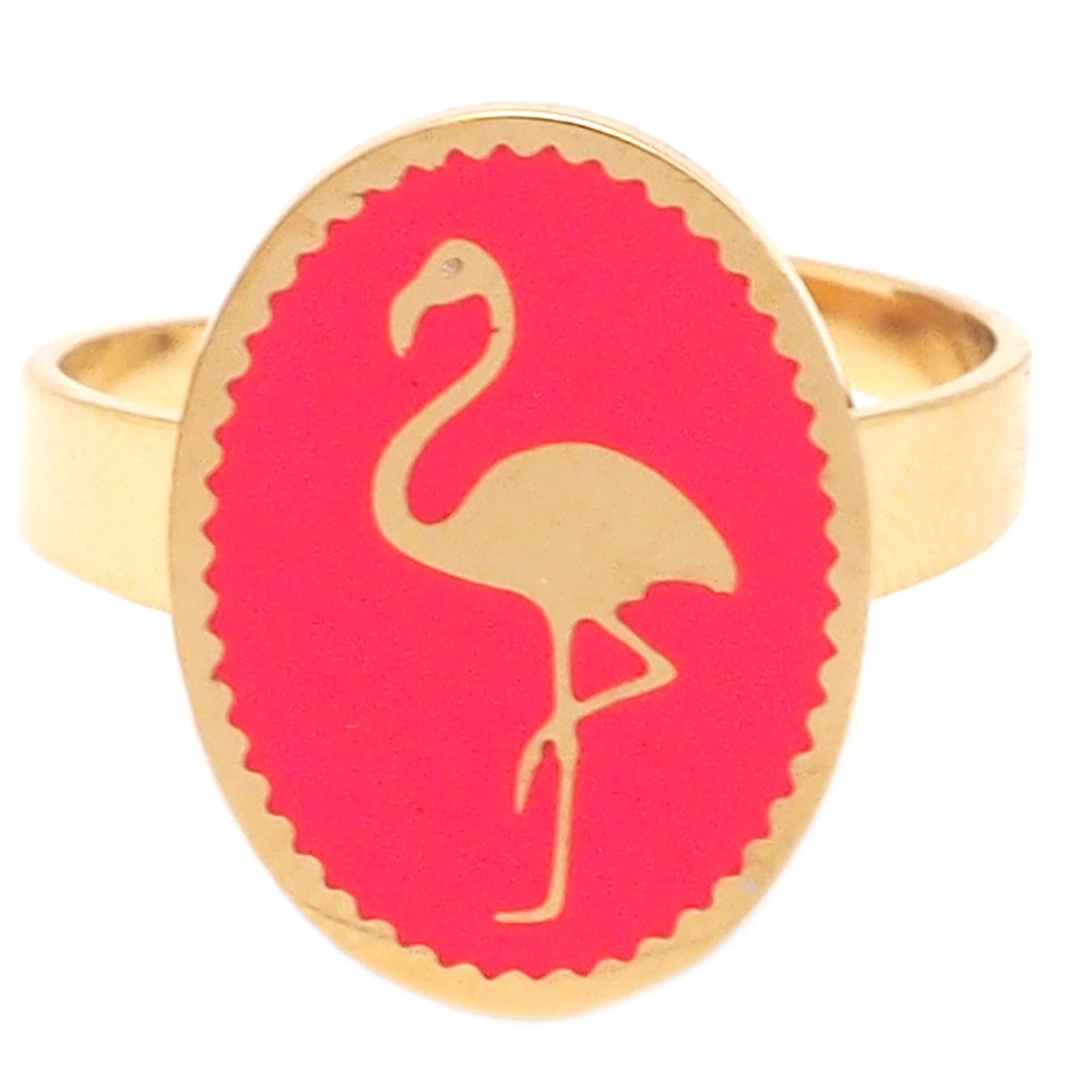 Bague créateur acier \'Flamant Rose\' rose fuschia doré - 16x12 mm - [Q2445]