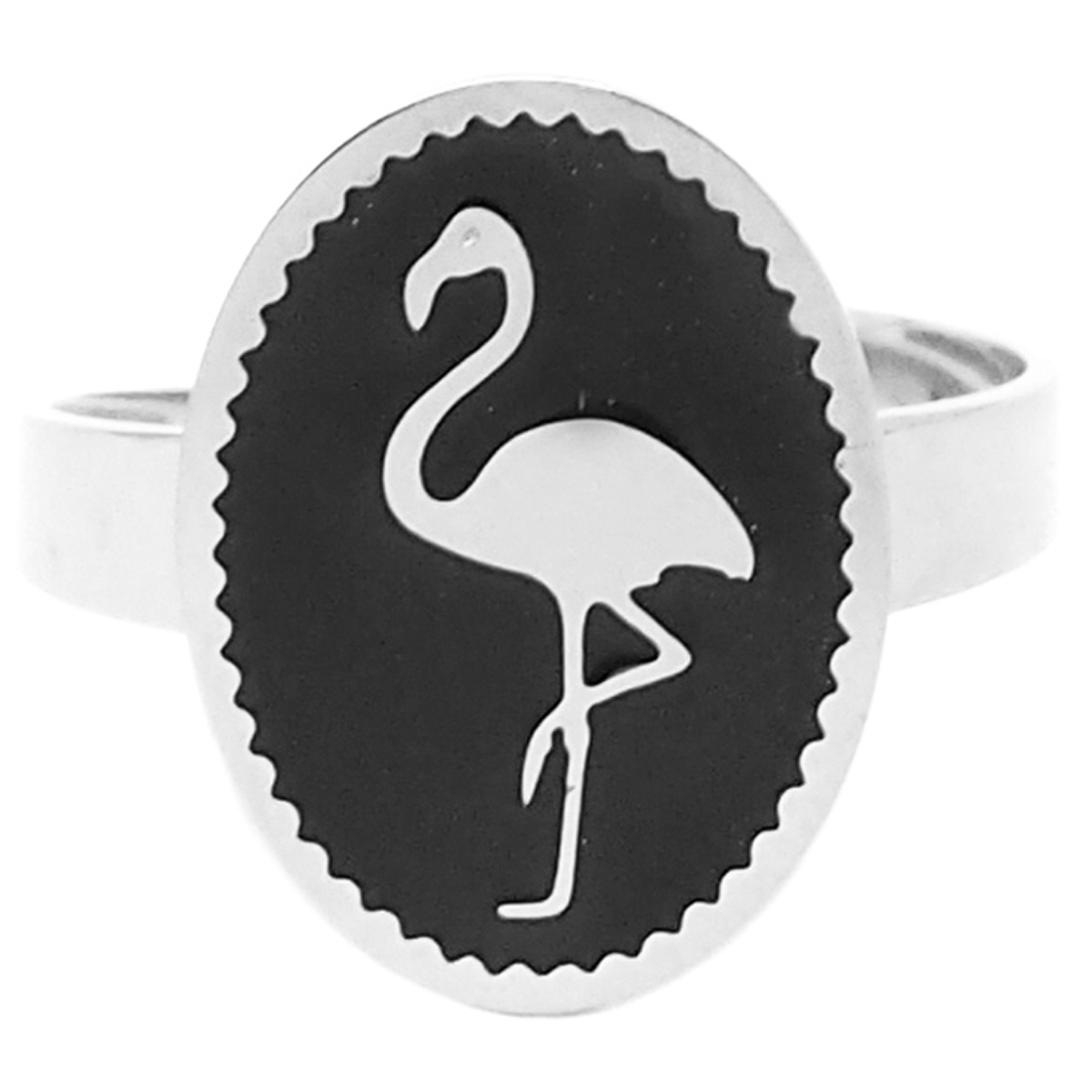 Bague créateur acier \'Flamant Rose\' noir argenté - 16x12 mm - [Q2450]