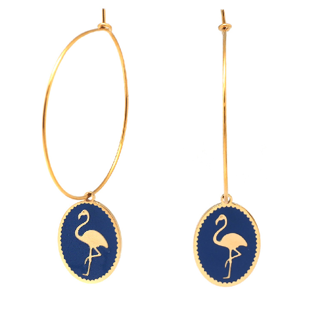 Créoles créateur acier \'Flamant Rose\' bleu foncé doré - 33 mm, 18x14 mm - [Q2471]