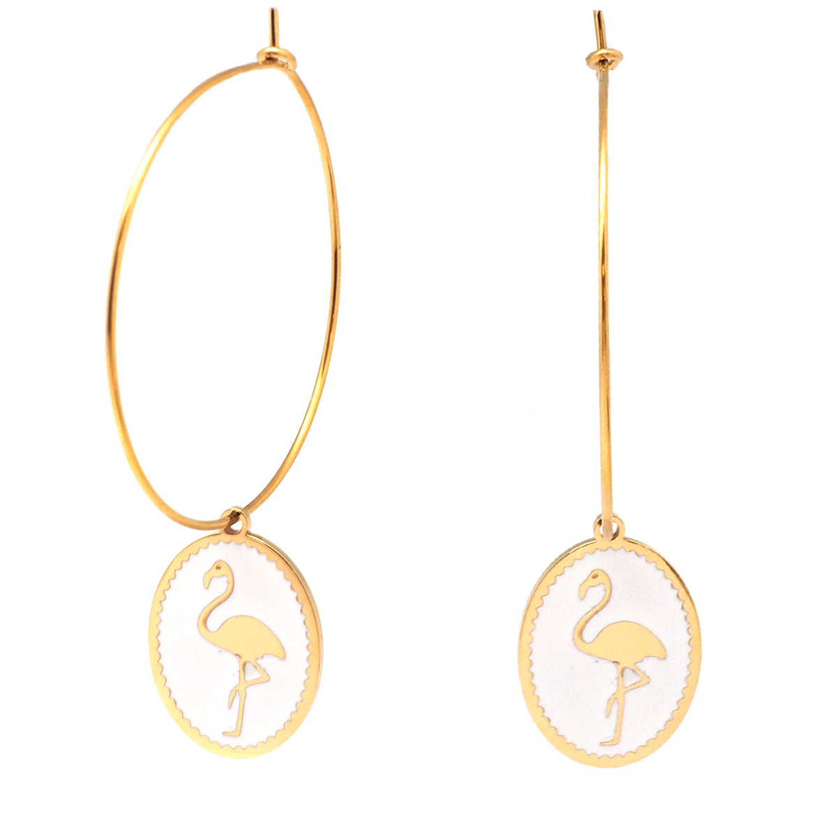 Créoles créateur acier \'Flamant Rose\' blanc doré - 33 mm, 18x14 mm - [Q2480]