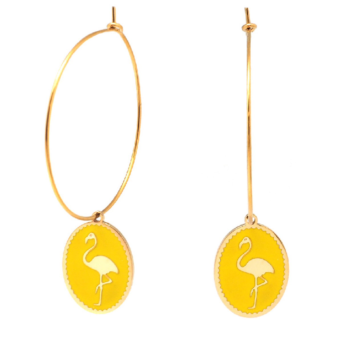 Créoles créateur acier \'Flamant Rose\' jaune doré - 33 mm, 18x14 mm - [Q2484]