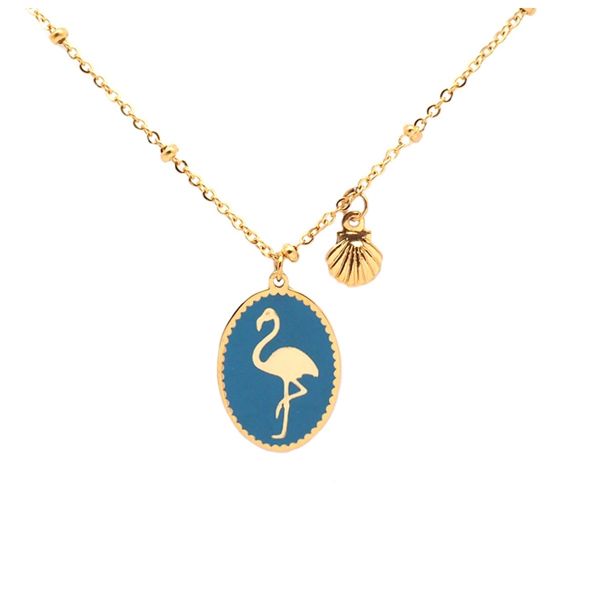 Collier créateur acier \'Flamant Rose\' turquoise doré - 16x12 mm - [Q2500]