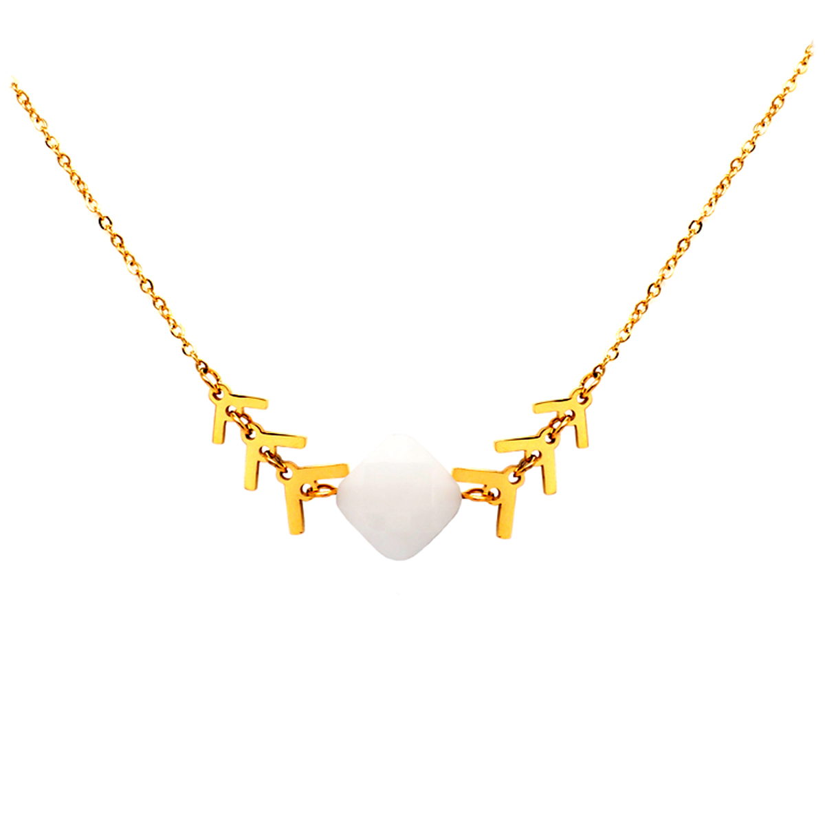 Collier créateur acier \'Boho\' blanc doré - lozange 12x12 mm - [Q2517]