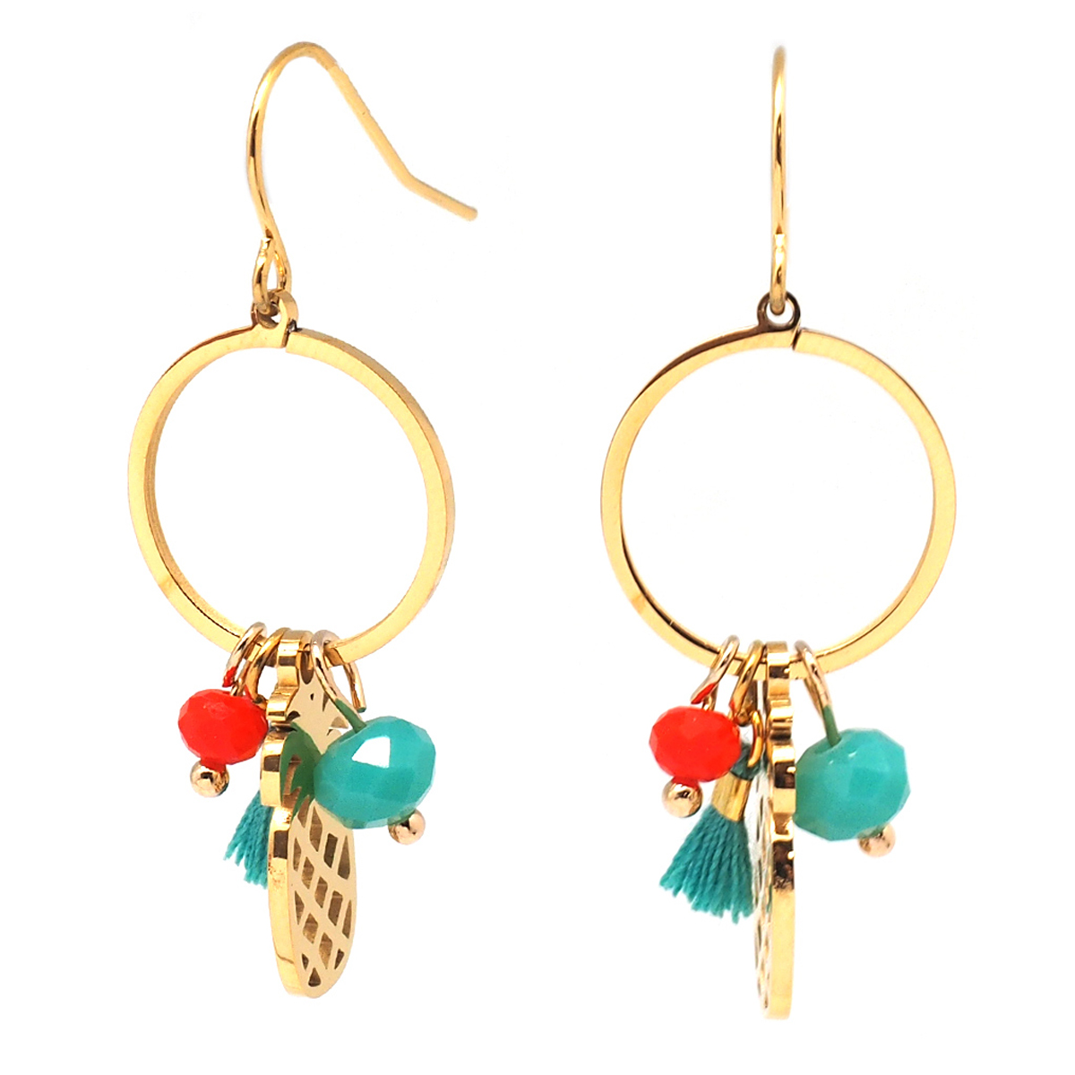 Boucles créateur acier \'Ananas\' turquoise corail doré - 30x16 mm - [Q2521]