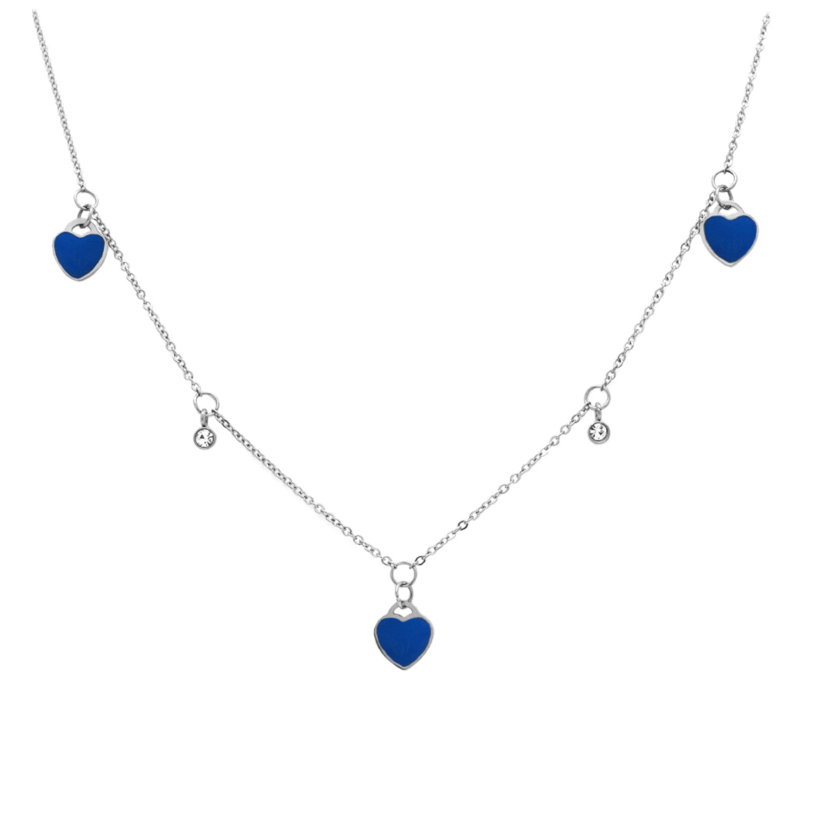 Collier créateur acier \'Love\' bleu argenté - coeurs 8x8 mm - [Q2553]