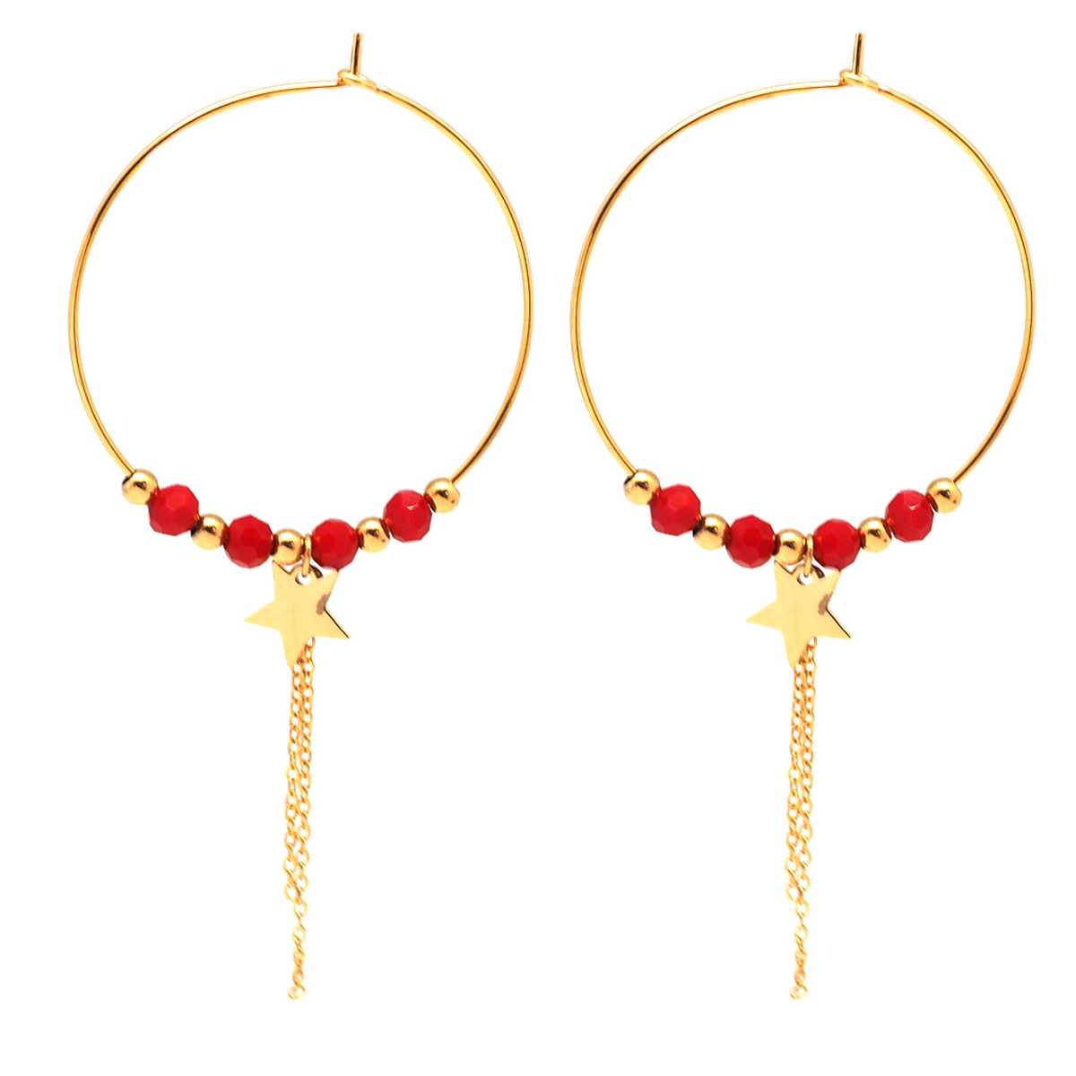 Créoles créateur acier \'Boho\' rouge doré (étoile) - 35 mm, 8 mm - [Q2594]