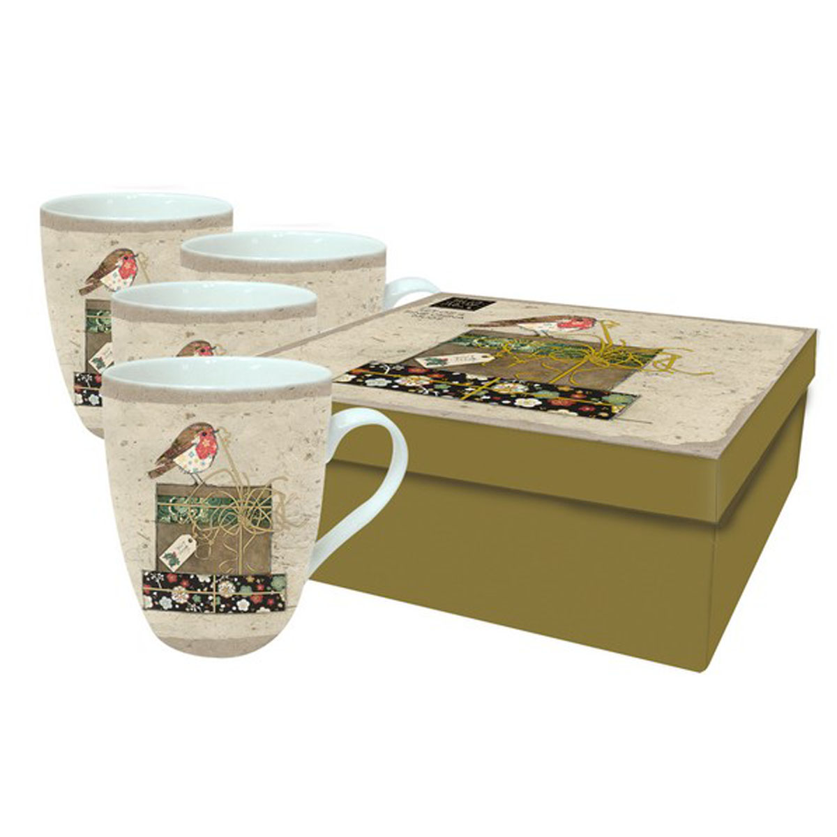 Coffret 4 mugs porcelaine \'Bug Art\' (rouge gorge noël) - 105x7 mm - [Q2818]