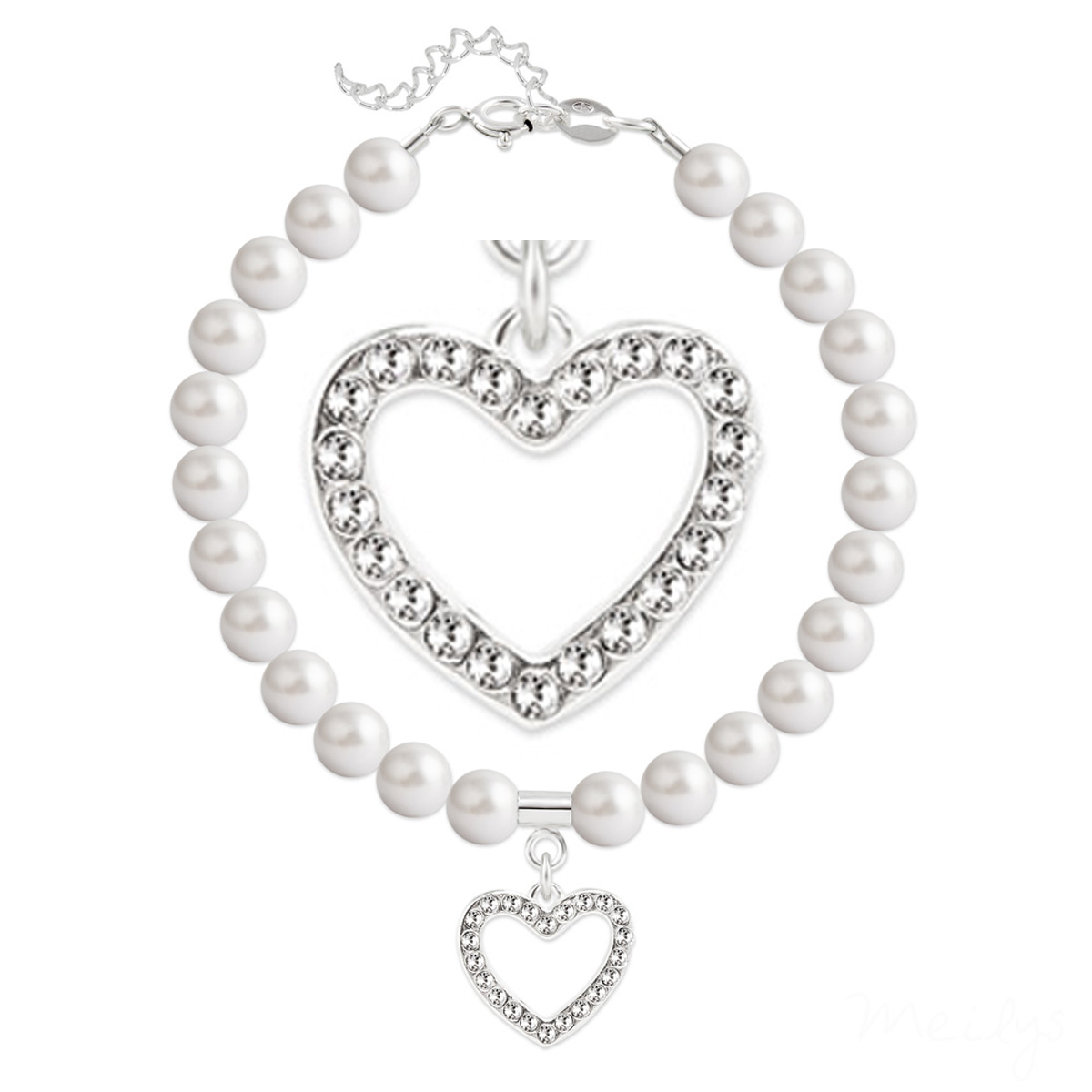 Bracelet argent artisanal \'Sissi\' blanc argenté - perles 6 mm , coeur 15x13 mm - [Q4281]