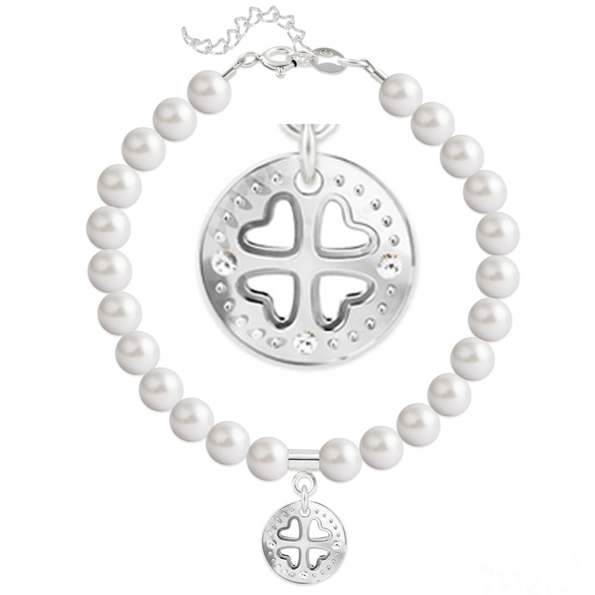 Bracelet argent artisanal \'Sissi\' blanc argenté - perles 6 mm , trèfle 12 mm - [Q4282]