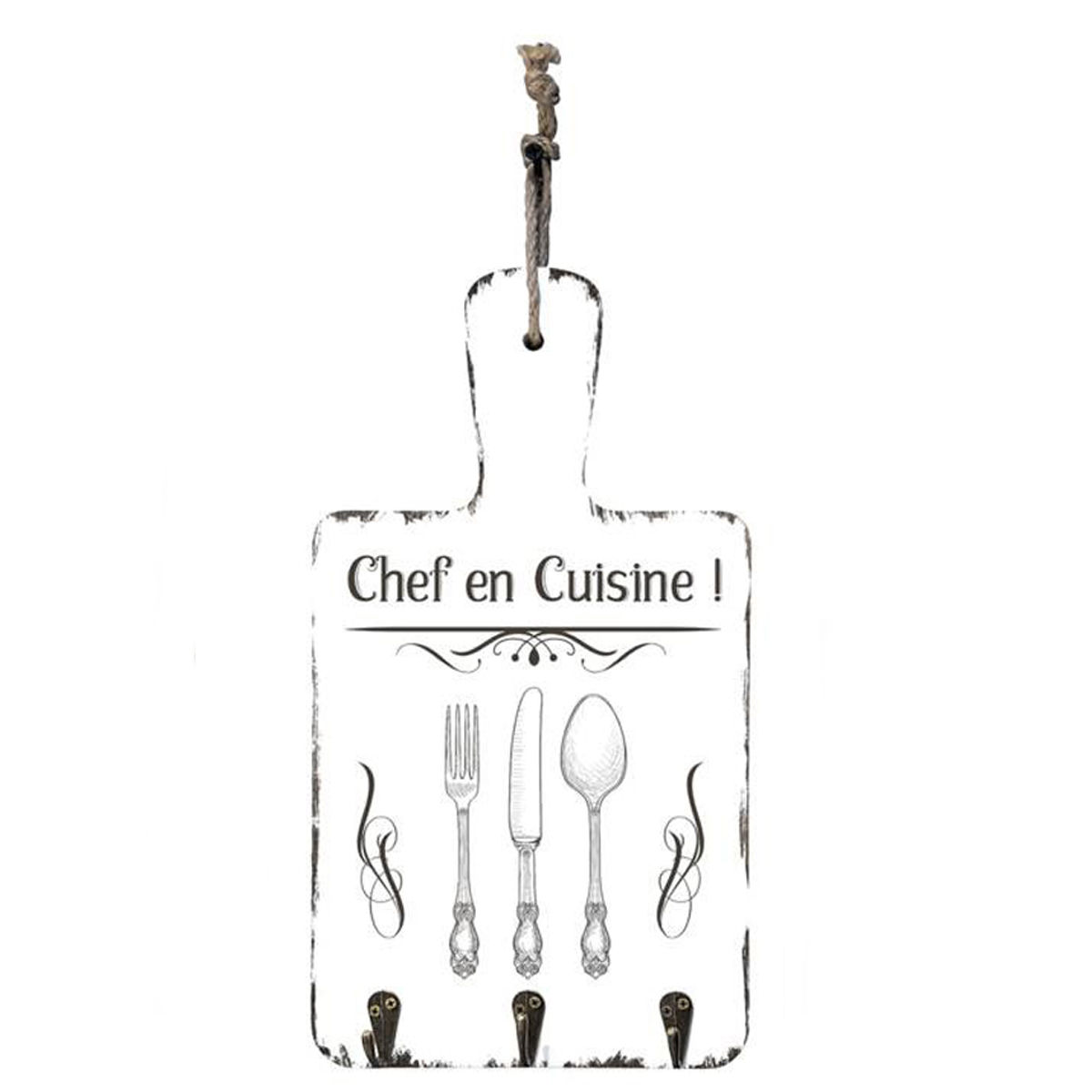 Accroche torchons bois \'Messages\' blanc (Chef en cuisine) - 35x18 cm (3 accroches) - [Q4794]