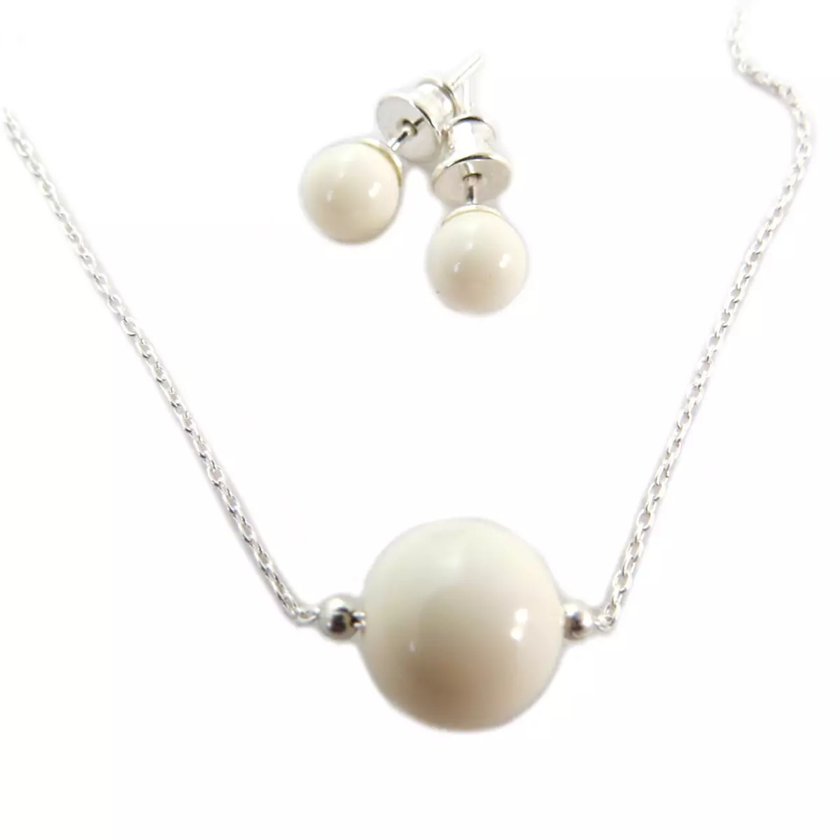 les trésors de lily Parure argent artisanale 'Perla' beige argenté (collier et boucles) 10 mm boucles 6 mm [Q4984]