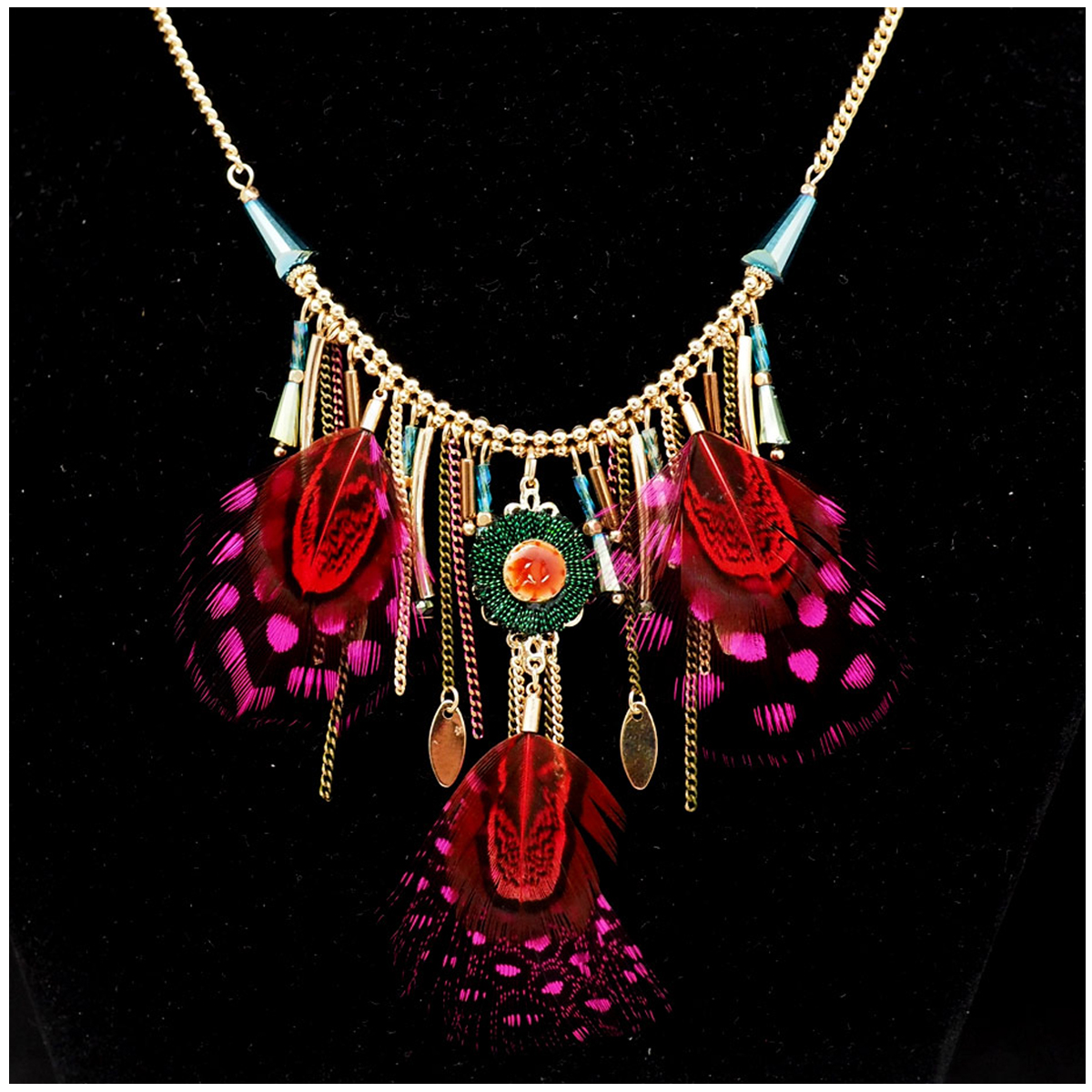 Collier Créateur \'Boho\' multicolore doré (plumes) - [Q4995]