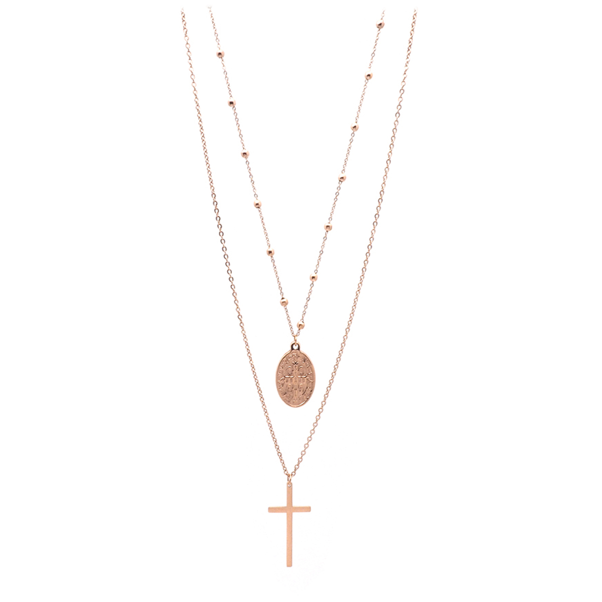 Collier créateur acier \'Boho\' doré rosé (2 rangs) - 45/55 cm - [Q5014]