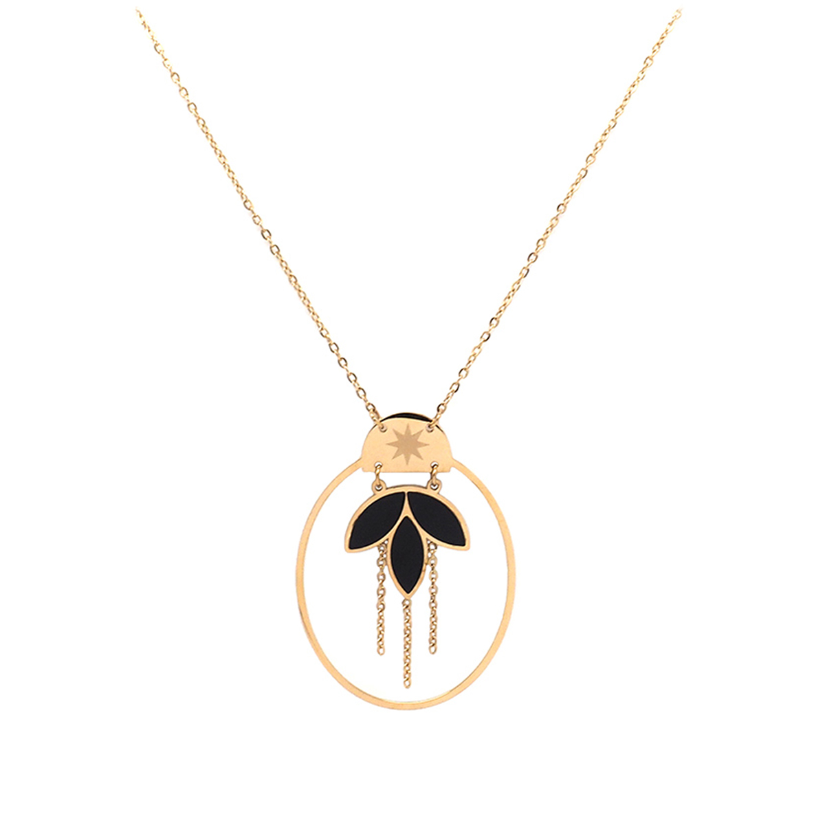 Collier créateur acier \'Boho\' noir doré - 40x28 mm - [Q5022]