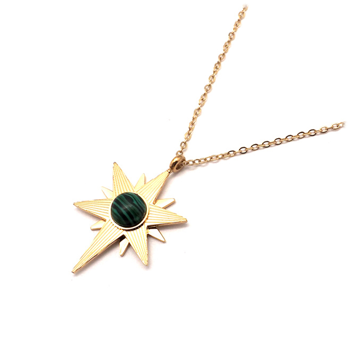 Collier créateur acier \'Etoile du Nord\' vert malachite doré - 25x18 mm - [Q5027]