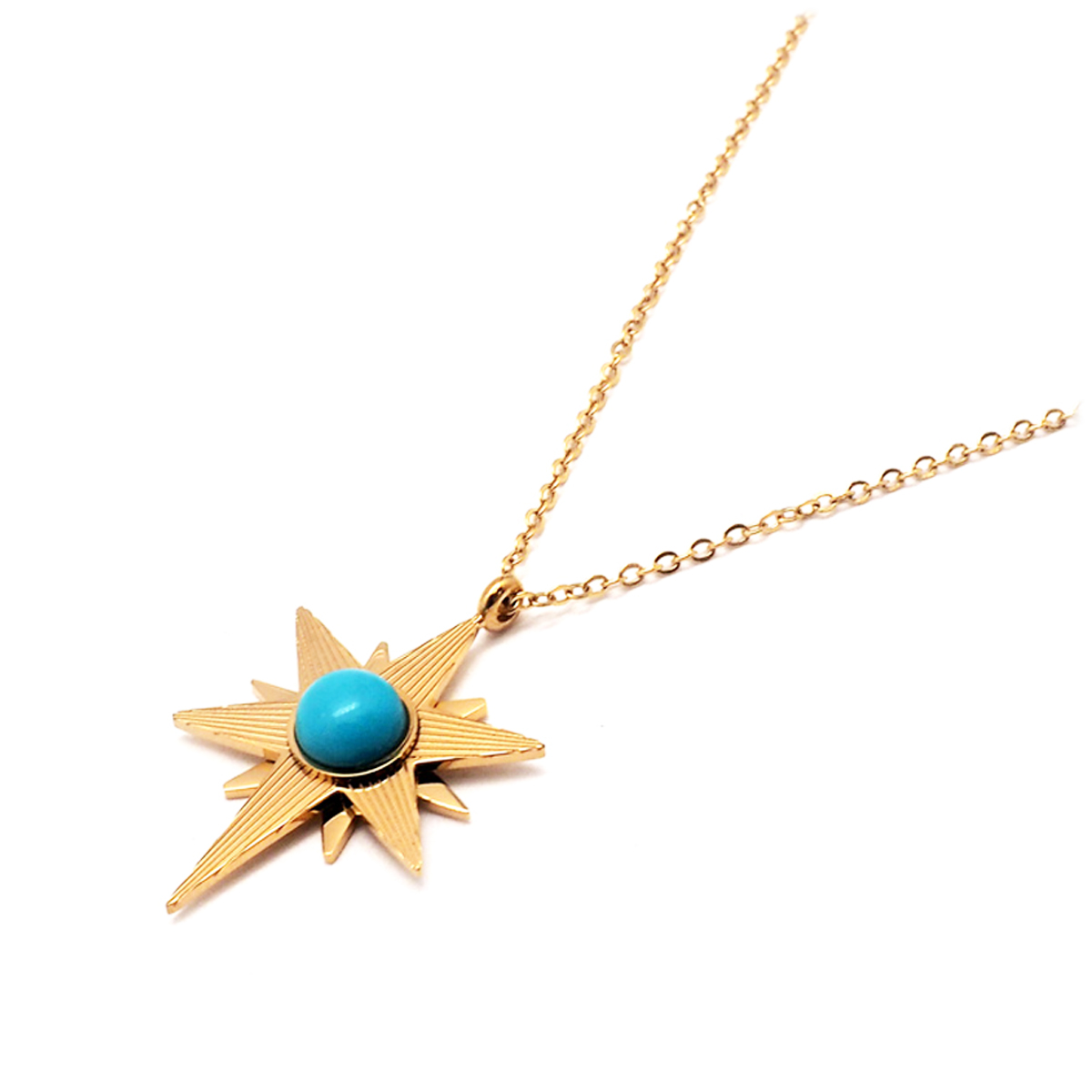Collier créateur acier \'Etoile du Nord\' turquoise doré - 25x18 mm - [Q5028]