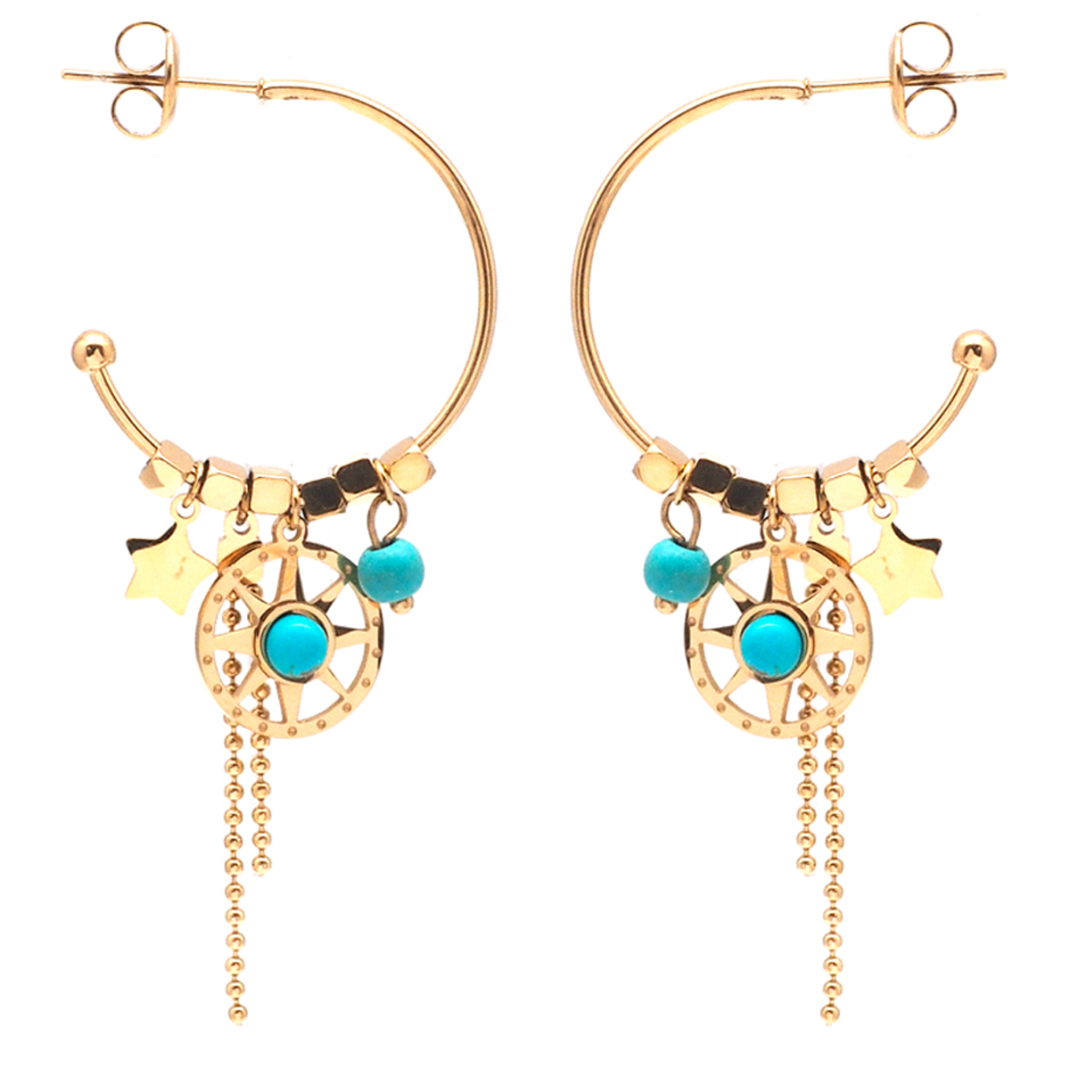 Créoles créateur acier \'Une Etoile est Née\' turquoise doré - 25 mm, 30 mm - [Q5051]