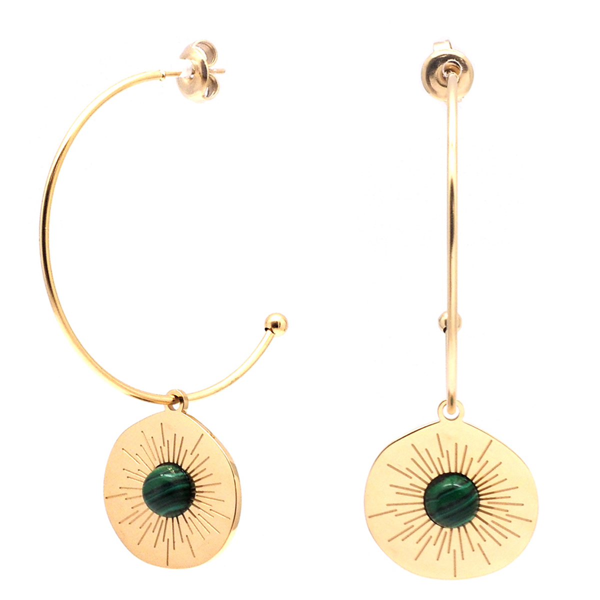 Créoles créateur acier \'Boho\' vert doré (soleil) - 35 mm, 20x18 mm - [Q5069]