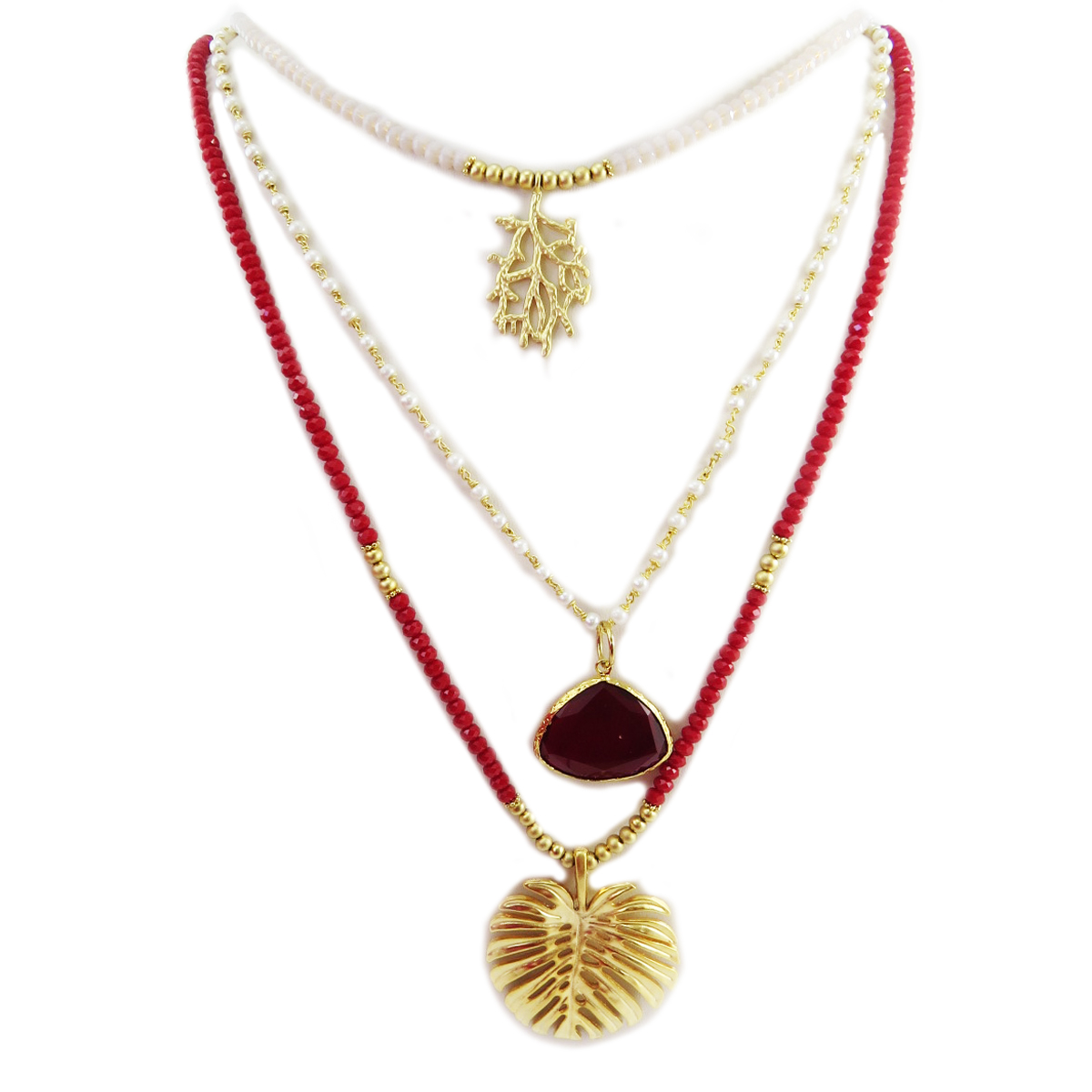 Collier sautoir artisanal \'Cléopatra\' rouge doré (monstera) - 90 cm, 55x40 mm (3 rangs) - [Q5603]